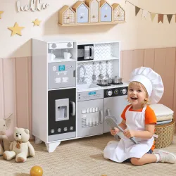 Cocina de Juguete de Madera con Sonido Accesorios de Acero Inoxidable para Niños a Partir de 3 Años Blanco - Ogal.Es