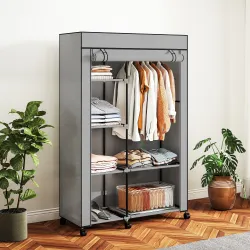 Armario de Tela con Ruedas Ropero Portátil con 6 Estantes y 1 Barra de Colgar para Dormitorio 103x43x162,5 cm Gris - Ogal.Es