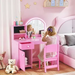 Tocador de Maquillaje Niña Tocador Infantil con Taburete y Espejo con Luces LED 1 Cajón Armario y 5 Estantes Rosa - Ogal.Es