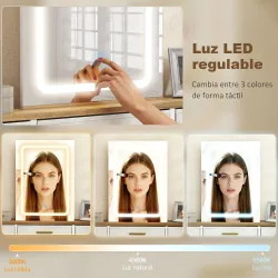 Tocador de Maquillaje con Luces LED de 3 Colores Espejo Tocador con 10 Cajones de Tela Patas de Acero Natural - Ogal.Es