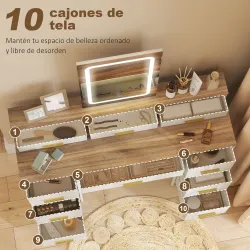 Tocador de Maquillaje con Luces LED de 3 Colores Espejo Tocador con 10 Cajones de Tela Patas de Acero Natural - Ogal.Es