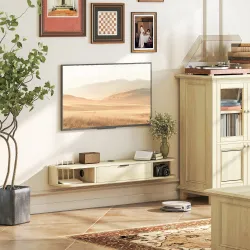 Mueble de TV Suspendido con Cajón Abatible 2 Estantes Abiertos Gestión de Cables 120x24x16 cm Madera Natural - Ogal.Es