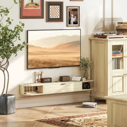 Mueble de TV Suspendido con Cajón Abatible 2 Estantes Abiertos Gestión de Cables 140x24x16 cm Madera Natural - Ogal.Es