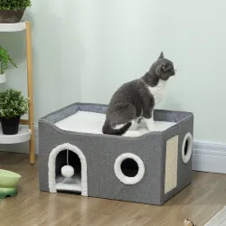 Casa para Gatos Plegable con Rascador 3 Entradas Bola Colgante Cojín Reversible en Felpa y Tipo Lino 60x40X34 cm... - Ogal.Es