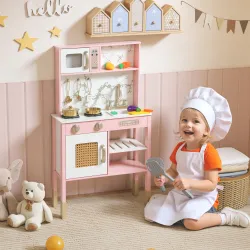 Cocina de Juguete de Madera con Sonido con Accesorios de Acero Inoxidable Verduras para Cortar Rosa - Ogal.Es