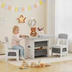 Mesa Infantil con 2 Sillas con 6 Cajones de Tela Diseño Estrellas para Niños y Niñas de 3-8 Años Gris Claro - Ogal.Es