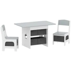 Mesa Infantil con 2 Sillas con 6 Cajones de Tela Diseño Estrellas para Niños y Niñas de 3-8 Años Gris Claro - Ogal.Es