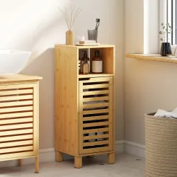 Mueble Auxiliar de Baño Estrecho con Puerta de Lamas Balda Abierto Estante Ajustable 30x30x80 cm Natural - Ogal.Es
