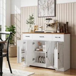 Aparador de Cocina Rústico 4 Estantes de Puerta Estantes Ajustables 3 Cajones 120x38x87 cm Blanco y Nogal - Ogal.Es