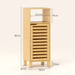 Mueble Auxiliar de Baño Estrecho con Puerta de Lamas Balda Abierto Estante Ajustable 30x30x80 cm Natural - Ogal.Es