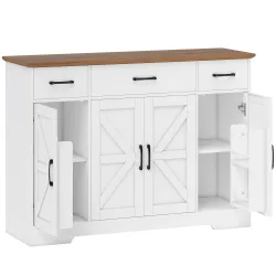 Aparador de Cocina Rústico 4 Estantes de Puerta Estantes Ajustables 3 Cajones 120x38x87 cm Blanco y Nogal - Ogal.Es