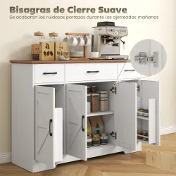Aparador de Cocina Rústico 4 Estantes de Puerta Estantes Ajustables 3 Cajones 120x38x87 cm Blanco y Nogal - Ogal.Es