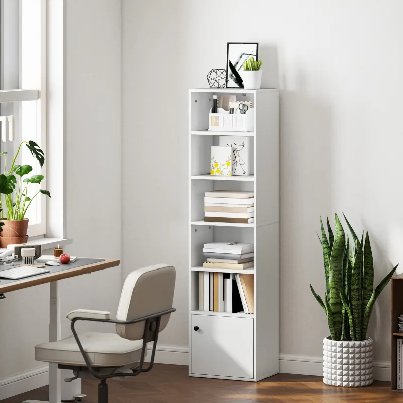 Librería de 5 Niveles Estantería para Libros Moderna con Estantes Abiertos y Puerta 40x30x156 cm Blanco - Ogal.Es