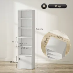 Librería de 5 Niveles Estantería para Libros Moderna con Estantes Abiertos y Puerta 40x30x156 cm Blanco - Ogal.Es