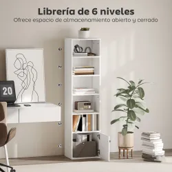 Librería de 5 Niveles Estantería para Libros Moderna con Estantes Abiertos y Puerta 40x30x156 cm Blanco - Ogal.Es