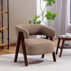Butaca de Salón Tapizada en Borreguito Acolchada Gruesa Patas de Madera Respaldo Curvado 70x64x71 cm Marrón Claro - Ogal.Es