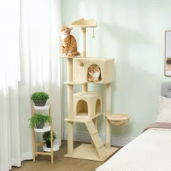 Árbol Rascador para Gatos 180 cm con Plataformas Cama 2 Cuevas Hamaca Escalera Postes de Sisal Beige - Ogal.Es