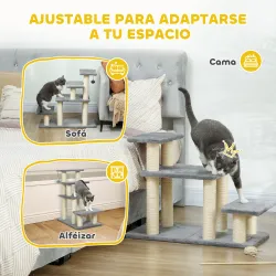 Escalera para Mascotas Ajustable de 3/4 Peldaños Escalera para Gatos con Postes Rascadores Bola Colgante Gris - Ogal.Es