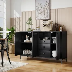 Aparador de 3 Puertas Aparador de Salón con 3 Cajones Estantes Ajustables para Cocina Entrada Negro 143,5x40x90 cm - Ogal.Es