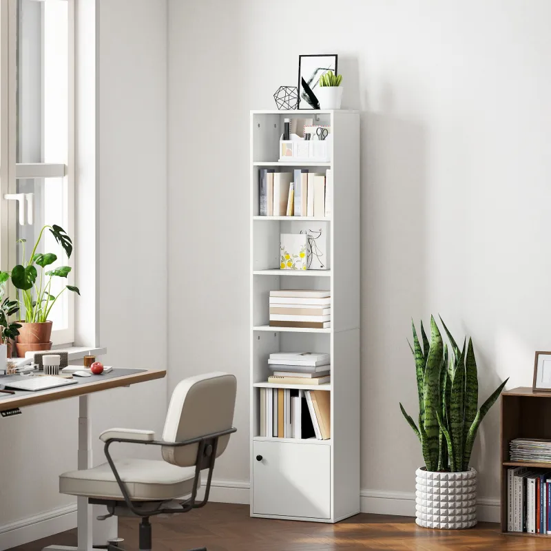 Librería de 7 Niveles Estantería para Libros Moderna con Estantes Abiertos y Puerta 40x30x180 cm Blanco - Ogal.Es