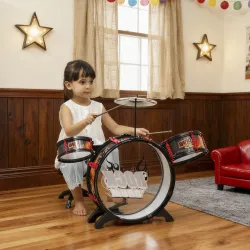 Batería para Niños de +3 Años con Taburete Tambores Bombo Platillo y Baquetas 59,5x31,5x59 cm Negro - Ogal.Es