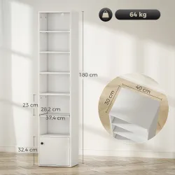 Librería de 7 Niveles Estantería para Libros Moderna con Estantes Abiertos y Puerta 40x30x180 cm Blanco - Ogal.Es