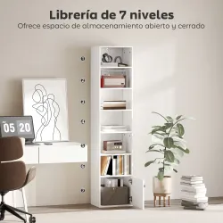 Librería de 7 Niveles Estantería para Libros Moderna con Estantes Abiertos y Puerta 40x30x180 cm Blanco - Ogal.Es