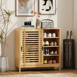 Zapatero con 2 Puertas Correderas de Lamas Estantes Ajustables para 16 Pares de Zapatos 80x35x80 cm Natural - Ogal.Es