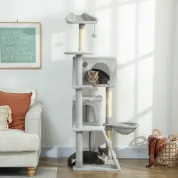 Árbol Rascador para Gatos 160 cm con Plataformas Cama 2 Cuevas Hamaca Escalera Postes de Sisal Gris Claro - Ogal.Es