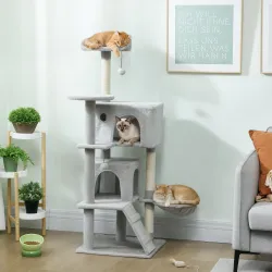 Árbol Rascador para Gatos 140 cm con Plataformas Cama 2 Cuevas Hamaca Escalera Postes de Sisal Gris Claro - Ogal.Es