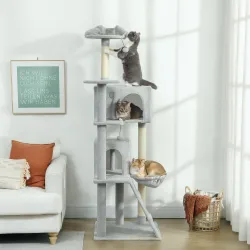 Árbol Rascador para Gatos 180 cm con Plataformas Cama 2 Cuevas Hamaca Escalera Postes de Sisal Gris Claro - Ogal.Es