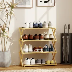 Zapatero Estrecho de Bambú Zapatero Vertical Plegable de 4 Niveles Sin Instalación Natural - Ogal.Es