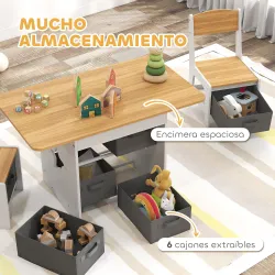 Mesa Infantil con 2 Sillas con 6 Cajones de Tela Diseño Estrellas para Niños y Niñas de 3-8 Años Natural - Ogal.Es