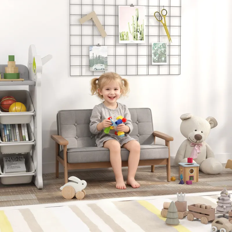 Sofá para Niños de 2 Plazas Sillón Infantil de Felpa Suave Estructura de Madera para Niños de 3-8 Años Gris - Ogal.Es