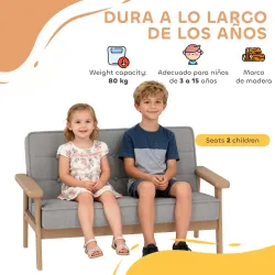 Sofá para Niños de 2 Plazas Sillón Infantil de Felpa Suave Estructura de Madera para Niños de 3-8 Años Gris - Ogal.Es