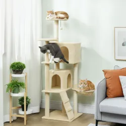 Árbol Rascador para Gatos 160 cm con Plataformas Cama 2 Cuevas Hamaca Escalera Postes de Sisal Beige - Ogal.Es