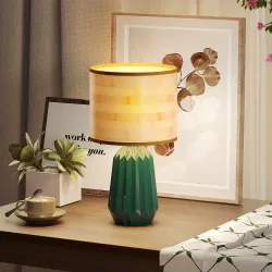 Lámpara de Mesa con Base de Cerámica y Pantalla de Lino Estilo Retro para Dormitorio 40W Verde y Madera Natural - Ogal.Es
