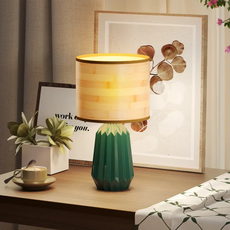 Lámpara de Mesa con Base de Cerámica y Pantalla de Lino Estilo Retro para Dormitorio 40W Verde y Madera Natural - Ogal.Es
