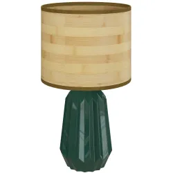 Lámpara de Mesa con Base de Cerámica y Pantalla de Lino Estilo Retro para Dormitorio 40W Verde y Madera Natural - Ogal.Es
