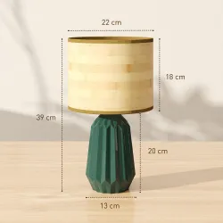 Lámpara de Mesa con Base de Cerámica y Pantalla de Lino Estilo Retro para Dormitorio 40W Verde y Madera Natural - Ogal.Es