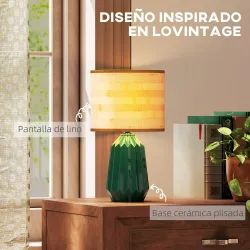 Lámpara de Mesa con Base de Cerámica y Pantalla de Lino Estilo Retro para Dormitorio 40W Verde y Madera Natural - Ogal.Es