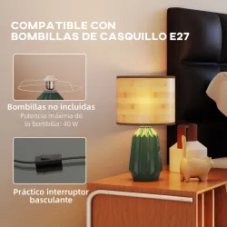 Lámpara de Mesa con Base de Cerámica y Pantalla de Lino Estilo Retro para Dormitorio 40W Verde y Madera Natural - Ogal.Es
