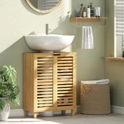 Mueble Bajo Lavabo con 2 Puertas de Lamas de Bambú Estante Ajustable para Lavabos con o sin Pedestal Natural - Ogal.Es