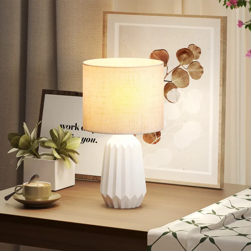 Lámpara de Mesa con Base de Cerámica y Pantalla de Lino Estilo Retro para Dormitorio 40W Blanco y Beige - Ogal.Es