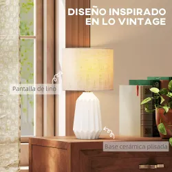 Lámpara de Mesa con Base de Cerámica y Pantalla de Lino Estilo Retro para Dormitorio 40W Blanco y Beige - Ogal.Es