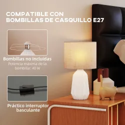 Lámpara de Mesa con Base de Cerámica y Pantalla de Lino Estilo Retro para Dormitorio 40W Blanco y Beige - Ogal.Es