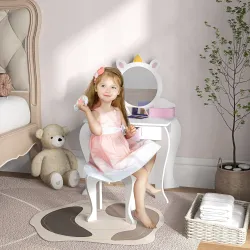 Tocador Infantil con Taburete y Espejo Tocador para Niñas con Cajón Compartimentos Diseño de Unicornio Blanco - Ogal.Es