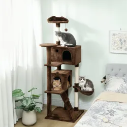 Árbol Rascador para Gatos 180 cm con Plataformas Cama 2 Cuevas Hamaca Escalera Postes de Sisal Marrón - Ogal.Es