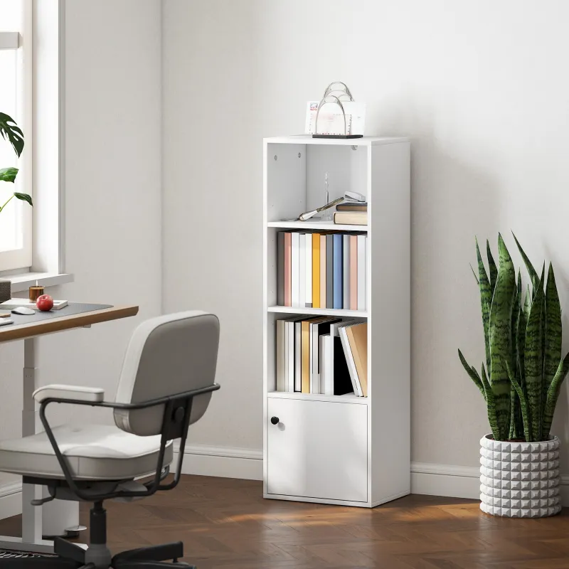 Librería de 4 Niveles Estantería para Libros Moderna con Estantes Abiertos y Puerta 40x30x120 cm Blanco - Ogal.Es