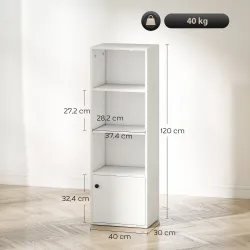 Librería de 4 Niveles Estantería para Libros Moderna con Estantes Abiertos y Puerta 40x30x120 cm Blanco - Ogal.Es